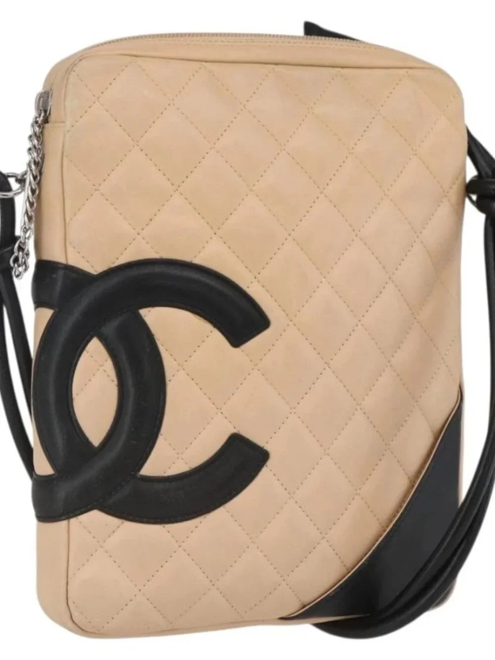 CHANEL Matelasse Cambon Line Shoulder Bag Leather Beige Silver CC Auth BA9277V